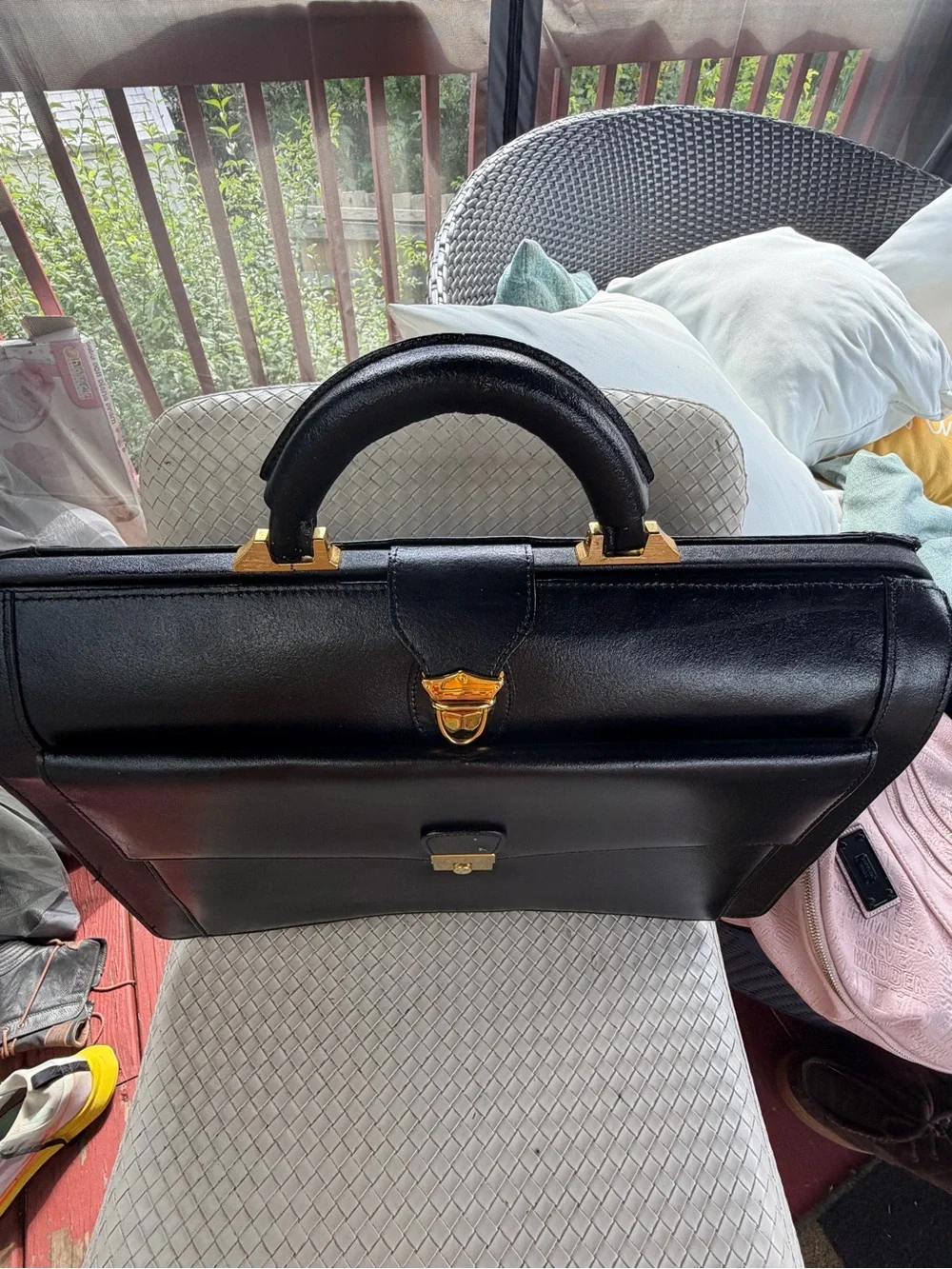 Men's Black Leather Briefcase with Gold Hardware - Classic Professional Style